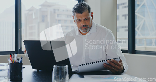 Image of Businessman, office and drink water with documents, laptop and focus for market research, analysis or target. Advertising expert, paper or strategy with data analytics, kpi or goals for marketing job