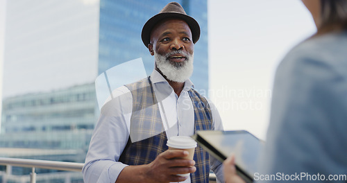 Image of Senior african businessman, receptionist and city rooftop in planning, vision or kpi discussion. Elderly black man, ceo and leader with receptionist for schedule, calendar or marketing in New York