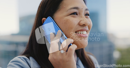 Image of Business woman, phone call and coffee in city, talking or chatting. Face, cellphone and female employee from Singapore drinking tea while speaking or networking with contact on 5g mobile smartphone.