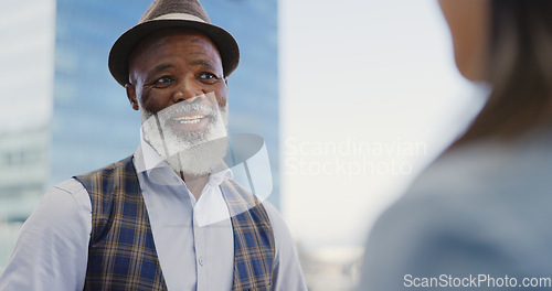 Image of Senior african businessman, receptionist and city rooftop in planning, vision or kpi discussion. Elderly black man, ceo and leader with receptionist for schedule, calendar or marketing in New York