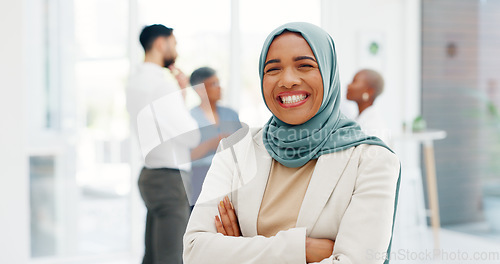 Image of Face of a muslim business woman in hijab, proud for company values, mission and inclusion culture in office. Workplace, corporate and happy islamic employee or worker with vision, goals and laughing