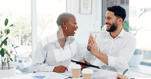 Image of Tablet, collaboration or business people high five in office for marketing strategy, web SEO growth or research success. Teamwork, diversity or happy on tech planning, social media or network blog