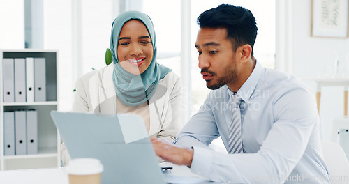 Image of Research, diversity or business people on laptop in office for marketing strategy, web SEO growth or business meeting. Teamwork, happy or collaboration on tech planning, social media or network blog