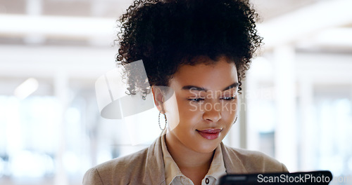 Image of Business woman, tablet and face with focus and leadership, technology and corporate communication. Email, networking and digital marketing with seo, black woman executive typing with research online