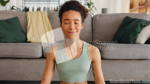 Image of Gratitude, meditation and face of a woman with peace, mind freedom and happy with spiritual journey on floor. Yoga, zen and portrait of a girl with prayer hands during calm exercise in the lounge