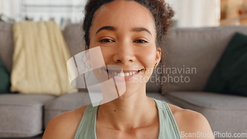 Image of Happy, meditation breathing and face of a woman with peace, relax and zen smile in a house for balance. Wellness, mind and portrait of a girl with spiritual faith and calm during mindset exercise