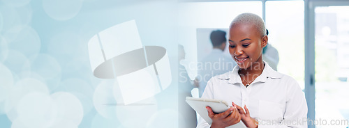 Image of Face, corporate and black woman with tablet, smile and digital marketing for sales growth, goals and workplace. Portrait, African American female employee or leader with happiness and online schedule