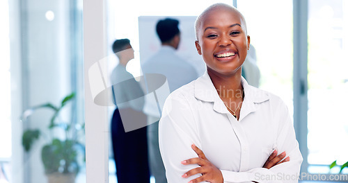 Image of Face of a business black woman proud and happy with company values, mission and inclusion culture in office. Workplace, corporate and smile of african employee or worker vision, goals and laughing