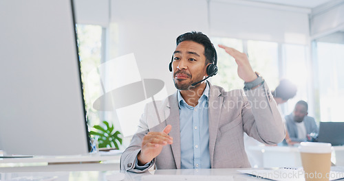 Image of Business, man and call center for telemarketing, talking and in office. Consultant, male employee or agent consulting, help and conversation with online process, digital marketing or customer support