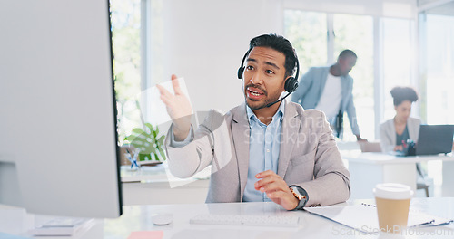 Image of Customer service, call center and man consulting in office workplace. Crm, customer support and telemarketing worker, sales agent or happy male consultant talking, networking or communication at desk