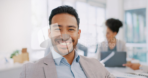 Image of Happy, face or man in meeting with goals, vision or mission for career success in corporate business office. Portrait, leadership or Asian worker smiles with pride for planning a development project