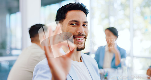 Image of Perfect, happy and portrait of a businessman with a hand in a meeting for success, planning and ok. Smile, seminar and face of an employee with an emoji sign for a deal, agreement or support