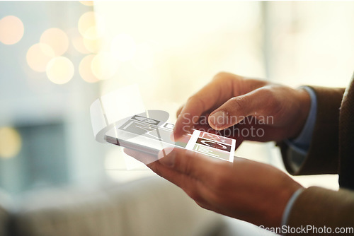 Image of Hands, hologram and app by businessman with a phone and screen typing browsing the internet, website or web. Closeup, technology and corporate employee searching online with digital connection