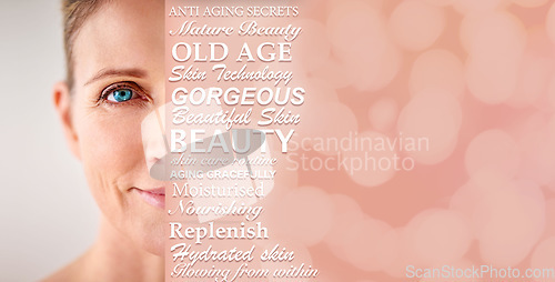 Image of Senior woman, text overlay and beauty portrait, wellness and anti aging self care with mockup space. Elderly model, skincare collage and health with cosmetics, dermatology and studio background