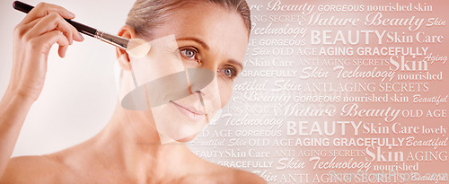 Image of Senior woman, text overlay and beauty with makeup brush, wellness and anti aging self care with mockup. Elderly model, skincare collage and healthy with cosmetics, dermatology and studio background