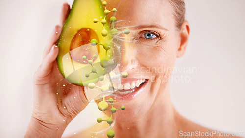 Image of Face, skincare and senior woman with avocado in studio isolated on a gray background. Portrait, cosmetics overlay and happy female model with fruit for nutrition, vitamin c or healthy diet for beauty