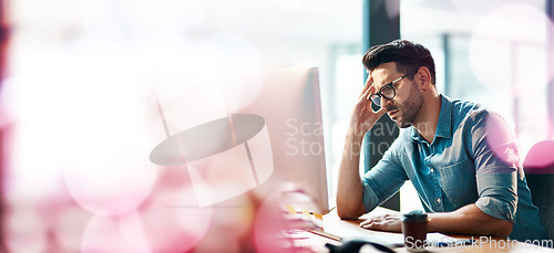 Image of Stress, headache and businessman on computer with banner, bokeh and mockup. Tired worker, burnout and pain on desktop pc with anxiety, fatigue and problem of mistake, mental health and mock up space