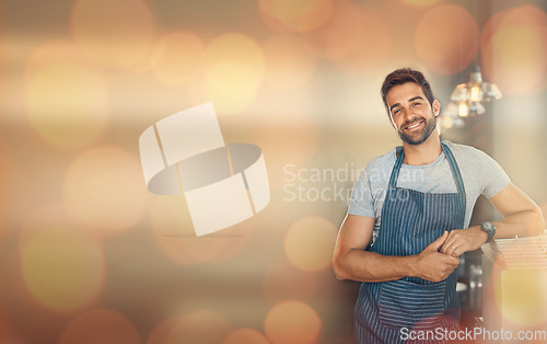 Image of Small business owner, cafe mockup and portrait of man, bokeh and confident smile in restaurant startup advertising. Success, happy manager or coffee shop barista with in apron and service industry.