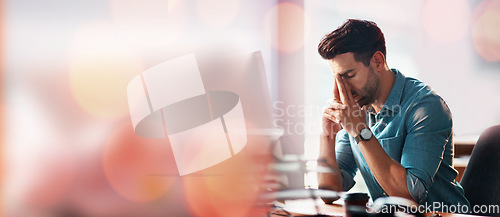 Image of Headache, computer and sad businessman on banner, bokeh and mockup office. Tired worker, burnout and pain on desktop for anxiety, fatigue and 404 problem of tax stress, mental health or mock up space