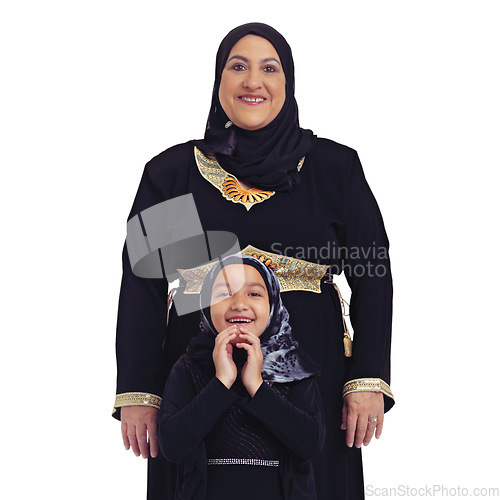 Image of Islam, smile and portrait of mother and child happy in hijab together and isolated on white background. Love, family and support, Muslim woman with daughter and Islamic culture in studio in Egypt.