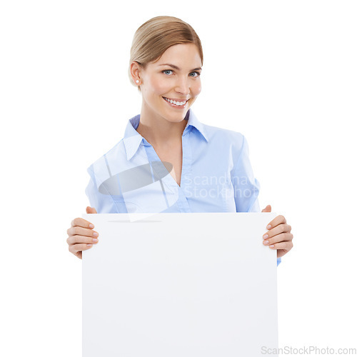 Image of Happy business woman with a poster with mockup space for announcement, advertising or marketing. Signage, card and portrait of female model with blank board with copy space by white studio background