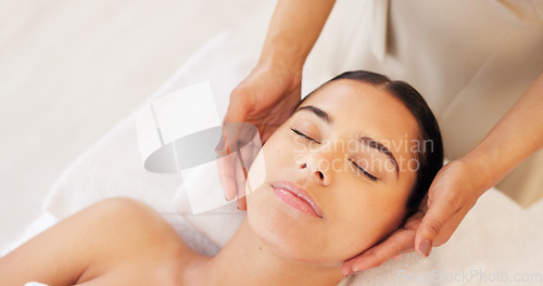 Image of Relax, woman and spa face massage for a woman for glowing, smooth and healthy skincare treatment at a salon. Beauty, detox and hands healing a young client in a facial physical therapy session