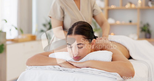 Image of Relax woman, spa back massage and luxury wellness for zen therapy, beauty and rich skincare. Therapist muscle reflexology on salon bed, stress relief and healthy body, holistic detox and self care