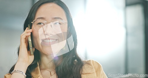 Image of Phone communication, talking and asian woman at home on a sofa with a online conversation. Phone call, speaking and networking of a person on a mobile phone at a living room house on a couch