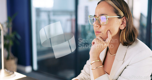 Image of Email communication, marketing and business woman with computer for seo, website and research on the internet. Digital marketing, analysis and employee reading web information on a pc for work
