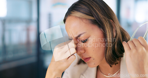 Image of Headache pain, stress anxiety and woman with migraine crisis, medical healthcare problem or work burnout. Mental health, depression and Asian girl depressed over career, job fail or corporate mistake