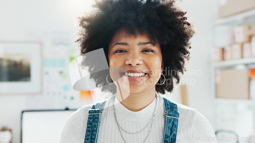 Image of Creative, design and workshop with a female employee or designer working in an office with a smile and mindset of creativity. Creativity, artistic and vision with a woman at work in a startup company