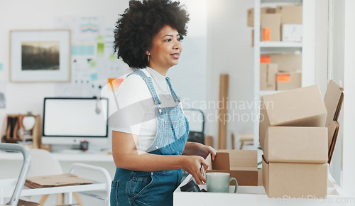 Image of Startup, delivery and shipping in boxes for online shopping business. Businesswoman packing products from online business in a box to ship to clients and buyers. Black woman working in the office