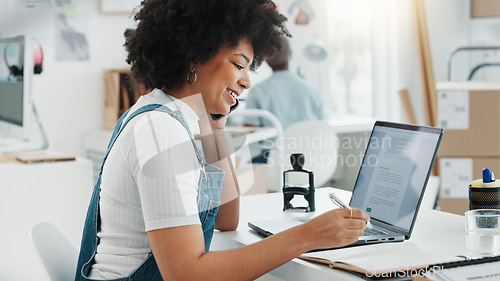 Image of Management, phone call and business woman working on a laptop in an office, checking online delivery and inventory. Supply chain, stock and ecommerce by business owner enjoy customer conversation