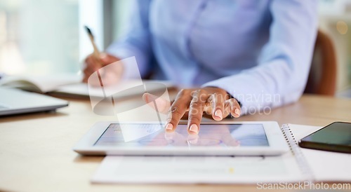 Image of Black woman, hands or tablet chart of growth data analytics, global research or financial investment management. Zoom, worker or employee on technology budget review, business statistics or finance