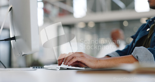 Image of Hands, typing and computer with a business man at work on a report, project or deadline in his office. Data, email and web with a male employee working on a desktop for networking or communication