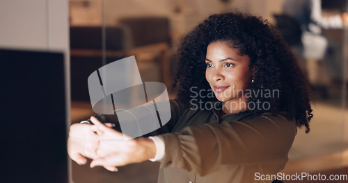 Image of Relax, office and woman with hands behind her head leaning in chair while working on computer. Success, stretch and African business manager on work break while doing management reports in workplace.