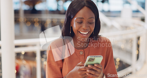 Image of Black woman, laughing or phone in shopping retail mall on social media, fashion sales website or clothing app. Smile, happy or stylish customer on mobile technology in trendy, luxury or cool store