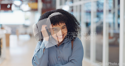 Image of Business woman, hair and portrait of a happy shy creative employee ready for working. Happiness, black woman and digital marketing worker in a office in the morning smile from web design work