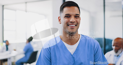 Image of Face, man and happy nurse in hospital, smiling and ready for tasks. Portrait, medical professional and confident, proud and successful male doctor with vision, mission and wellness goals in clinic.