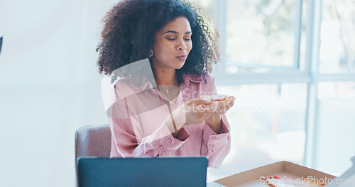 Image of adult, african american, background, black person, black woman, blurred background, box, break, brunch, business, career, city, computer, corporate, customer, delivery, desk, dinner, eat, eating, eat