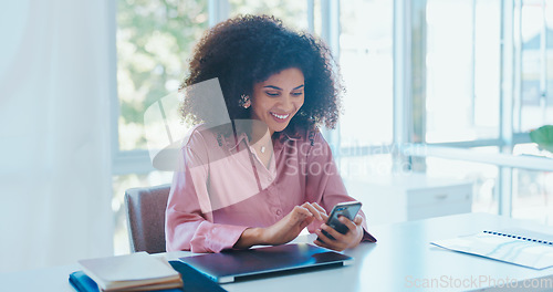 Image of Business, black woman and smartphone for social media, internet and office. Ceo, female entrepreneur and manager with cellphone, fintech and connection for website search, typing and online reading.