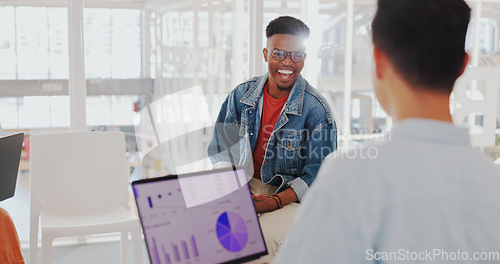 Image of Meeting, laptop and business men laugh together in office in discussion, planning and marketing strategy. Teamwork, collaboration and workers with charts, profit growth and infographics on computer