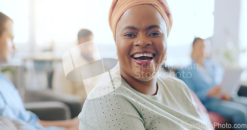 Image of Black woman, happy portrait and workplace meeting with team, employees and staff in office for workshop, management or startup success. Smile, motivation and laughing female worker excited for growth