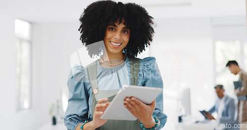 Image of Face, business and black woman with tablet, connection and social media. Portrait, African American female or leader for digital marketing, fintech or communication for brand development or corporate