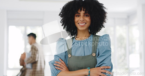 Image of Face, leadership and black woman with arms crossed in office ready for targets or goals. Boss, ceo and happy female entrepreneur from South Africa with vision, mission or success mindset in workplace