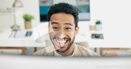 Image of Happy businessman, success or fist on computer with wow or yes face expression in creative startup deal, goals or target. Smile, excited or winner worker with hands gesture on office technology sale