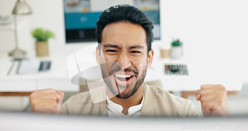 Image of Happy businessman, success or fist on computer with wow or yes face expression in creative startup deal, goals or target. Smile, excited or winner worker with hands gesture on office technology sale