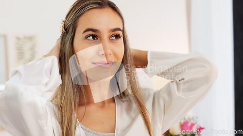 Image of Woman, hair and jewelry look in mirror to check face, makeup and fashion to start day. Girl, beauty and happy look at reflection with smile for cosmetics, clothes and glow on skin while home in Paris