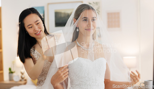 Image of Bride, wedding and woman helping with veil in dressing room smile for special day. Happy women love and bridesmaid support or helping bride with fabric head piece for beauty, marriage and happiness