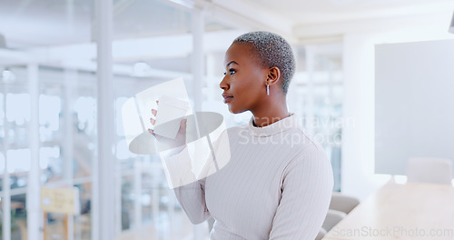 Image of Coffee, relax and black woman drink in office or company workplace. Tea break, thinking and female employee or entrepreneur enjoying a delicious caffeine beverage, cappuccino and free time alone.